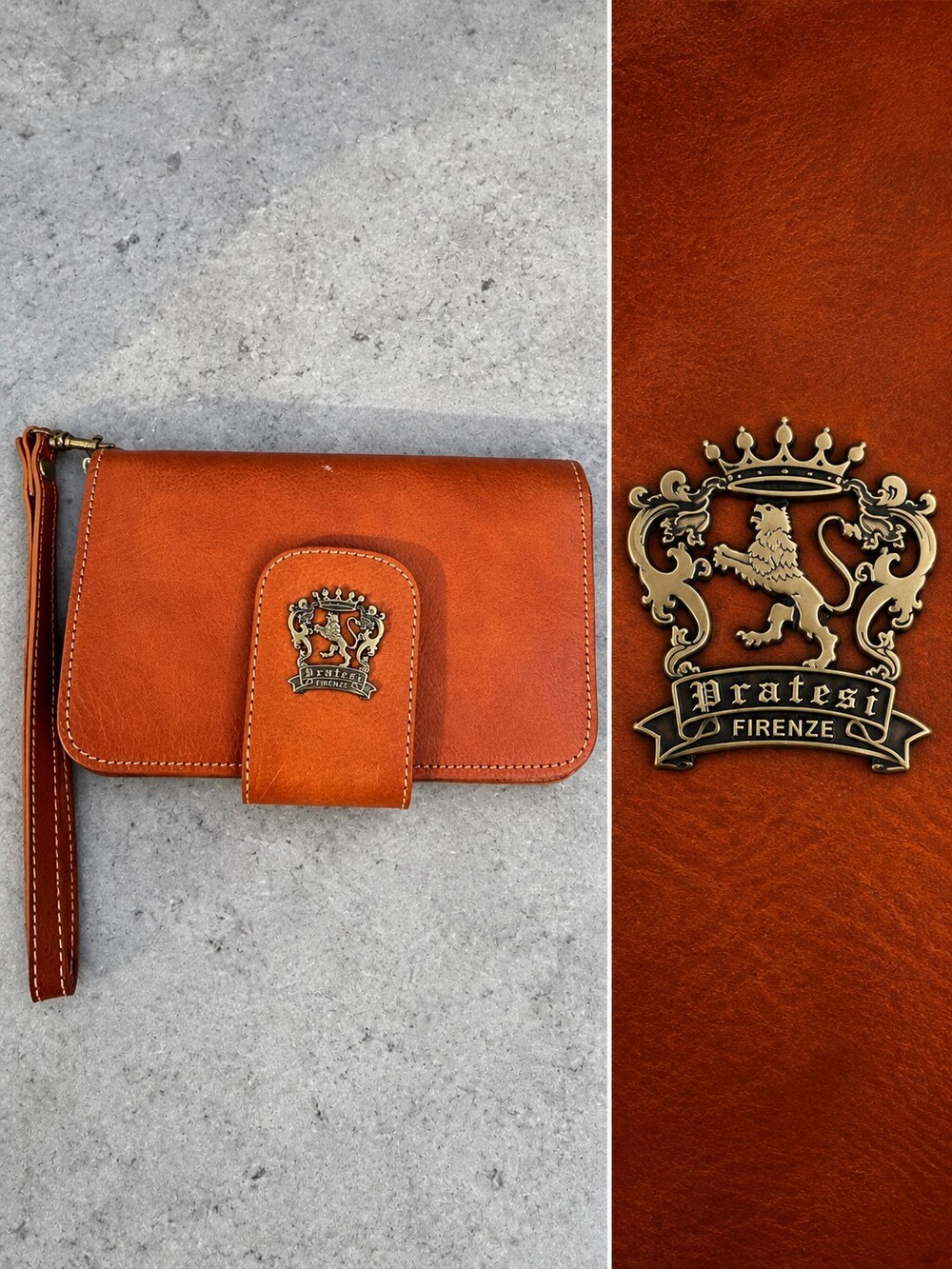 Pratesi Firenze Italian Genuine Leather Cognac Brown Wristlet Wallet Clutch